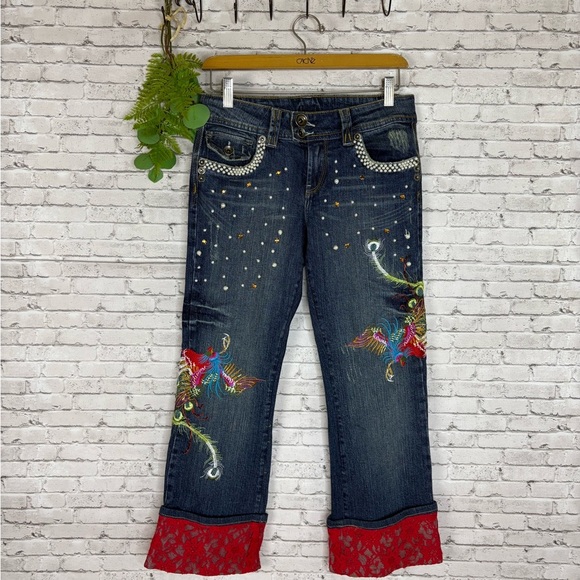 Vintage Y2K Upcycled Peacock Red Lace Cropped Cuff Jeans - Picture 1 of 8